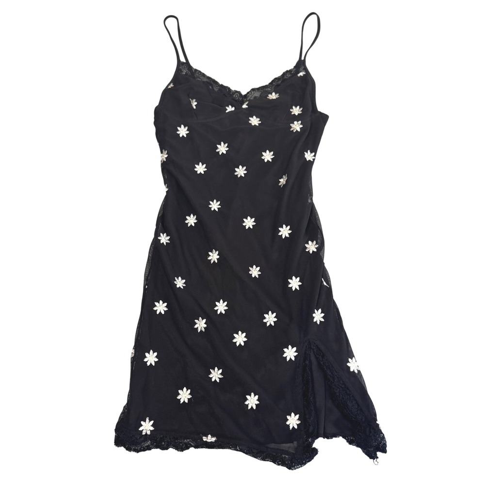 Motel Mini Slip Dress XS Daisy Floral Y2K Fairycore Mesh Lace Trim Black